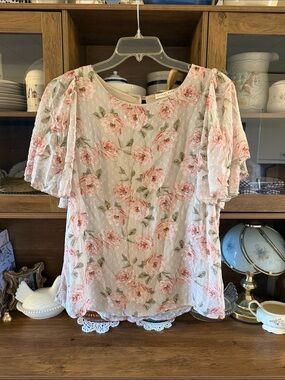 Floral Print Pink & Green Swiss Dot Blouse Orange Farm Ruffle Sleeve Size Large